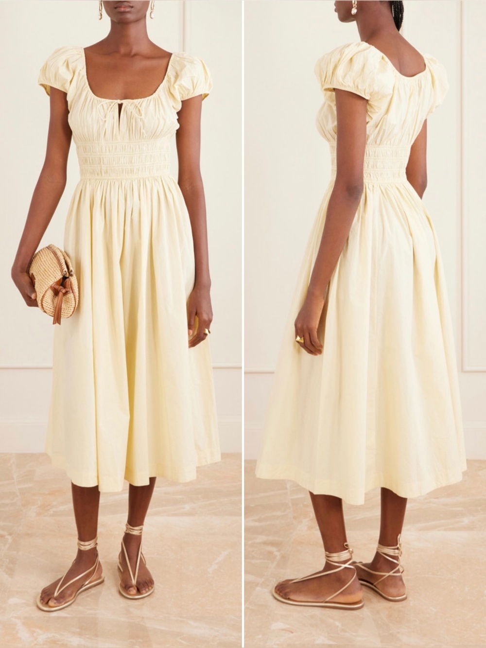 Doen Quinn Smocked Organic Cotton Poplin Midi Dress Pastel Yellow Size S NWOT